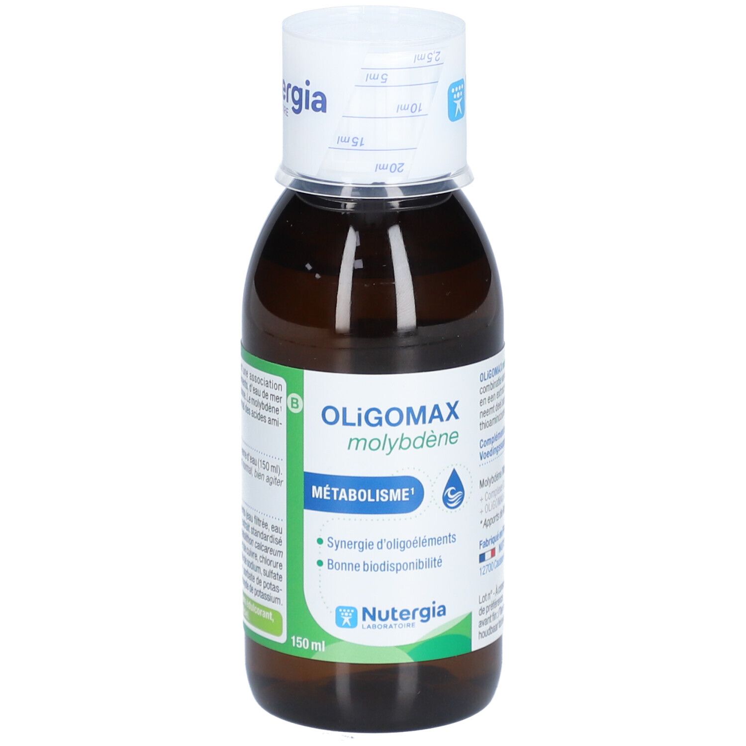 Braune Glasflasche mit weißem Deckel. Aufschrift: OLIGOMAX molybdène, METABOLISME, Nutergia. Messskala auf dem Deckel.