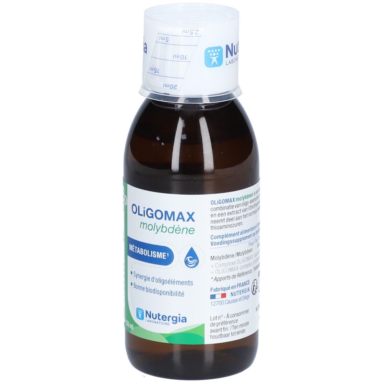 Braune Glasflasche mit weißem Deckel. Aufschrift: OLIGOMAX molybdène, METABOLISME, Nutergia. Messskala auf dem Deckel.