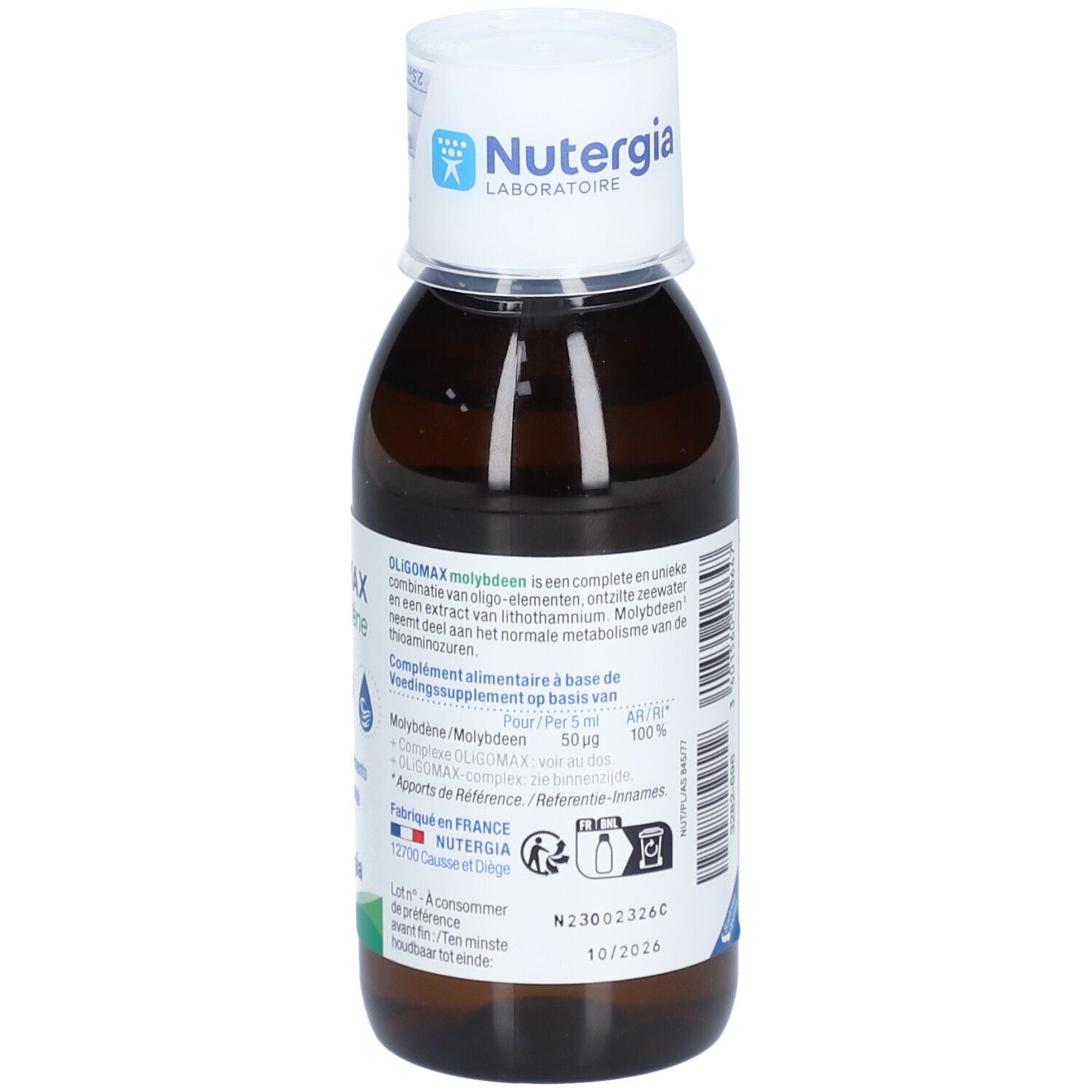 Braune Glasflasche mit weißem Deckel. Aufschrift: OLIGOMAX molybdène, METABOLISME, Nutergia. Text über Inhaltsstoffe und Anwendung.
