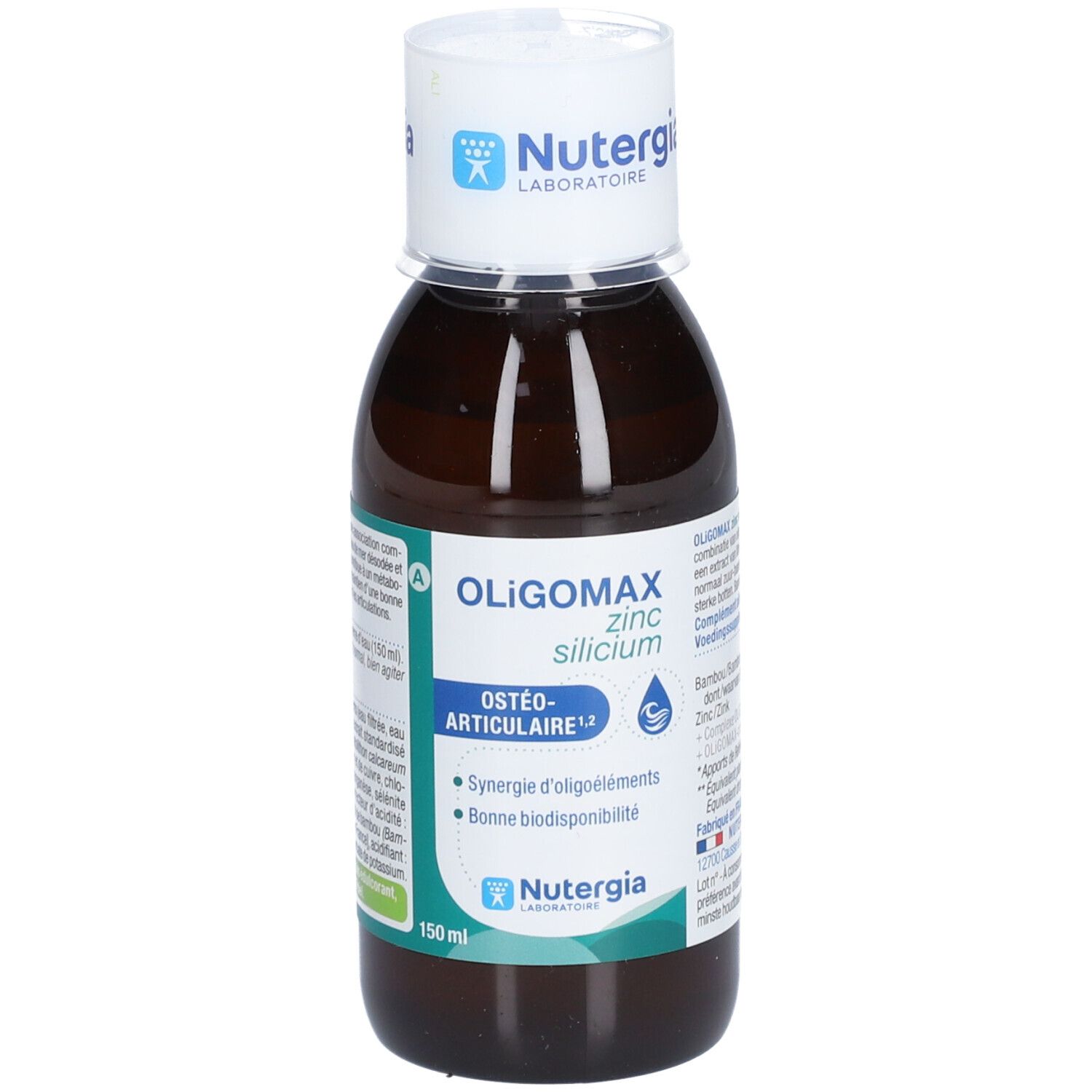 Braune Flasche mit weißem Deckel. Aufschrift: Oligomax Zink-Silizium, Osteo-Articulaire. Marke: Nutergia Laboratoire.