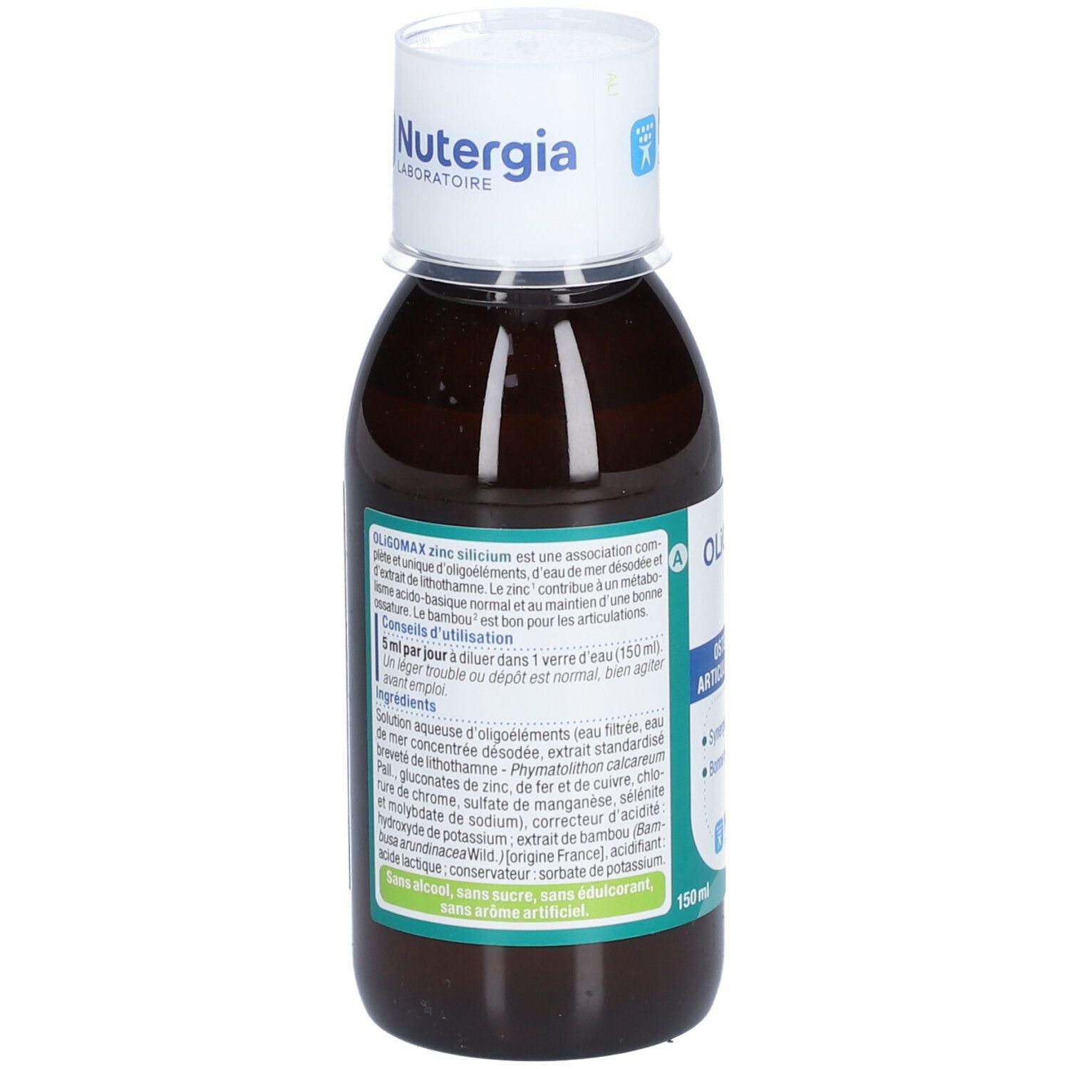 Braune Flasche mit weißem Deckel. Text auf Etikett: Oligomax Zink-Silizium. Marke: Nutergia Laboratoire. Inhaltsstoffe und Anwendung.