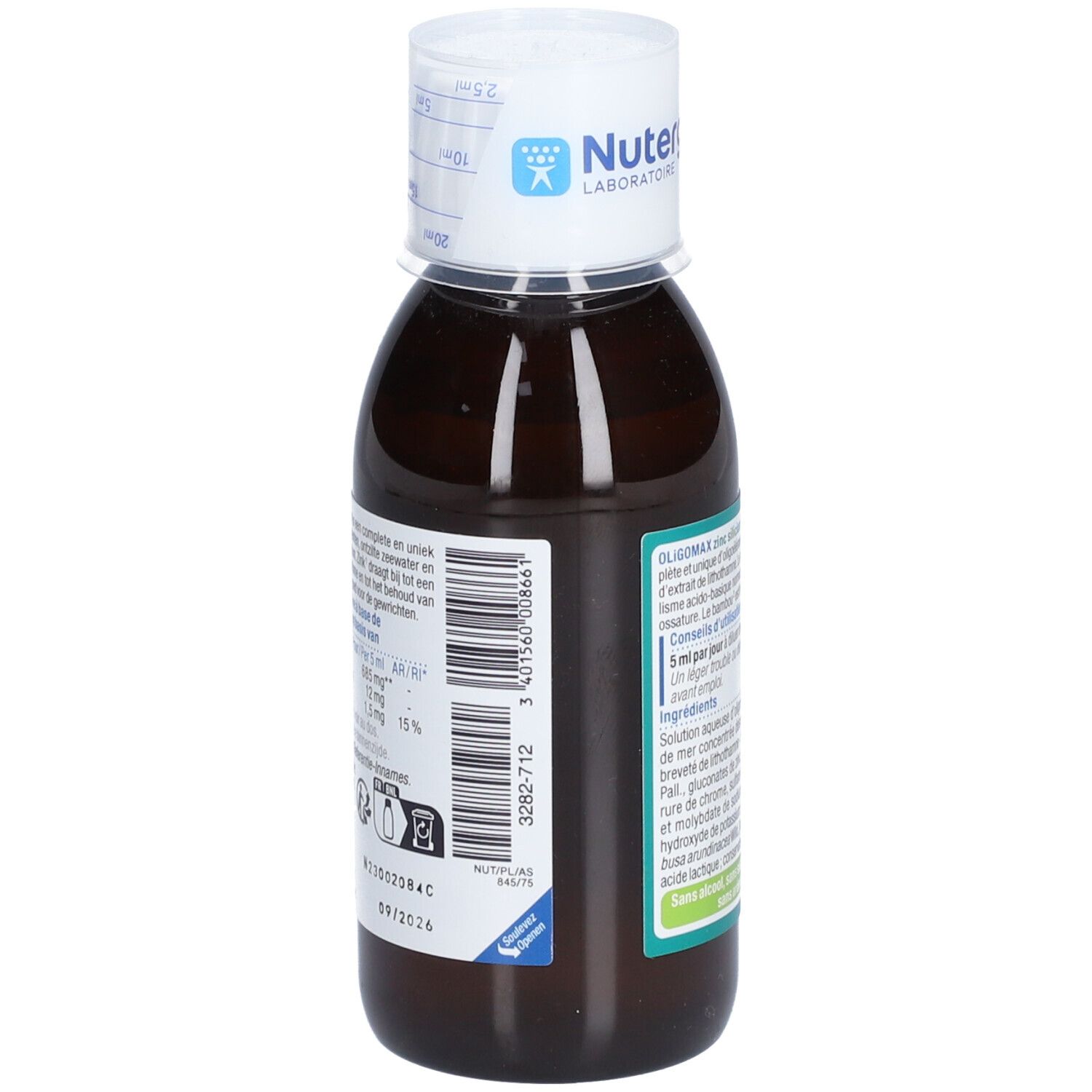 Braune Flasche mit weißem Deckel. Aufkleber mit Barcode und Verfallsdatum. Marke: Nutergia Laboratoire.
