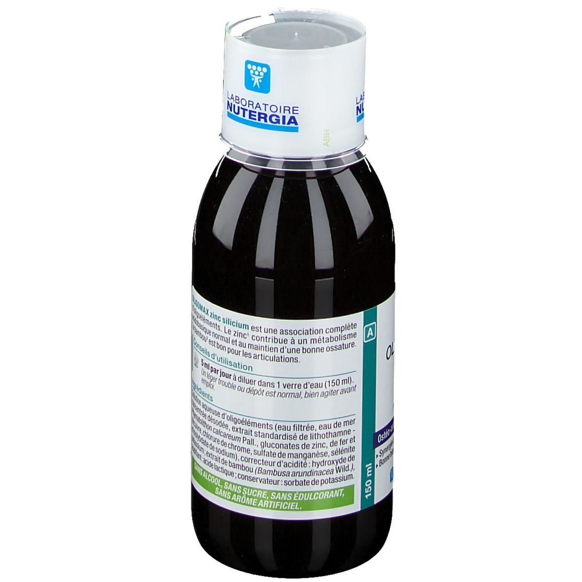 Dunkle Flasche mit weißem Deckel. Text auf Etikett: Oligomax Zink-Silizium. Marke: Nutergia Laboratoire. Inhaltsstoffe und Anwendung.