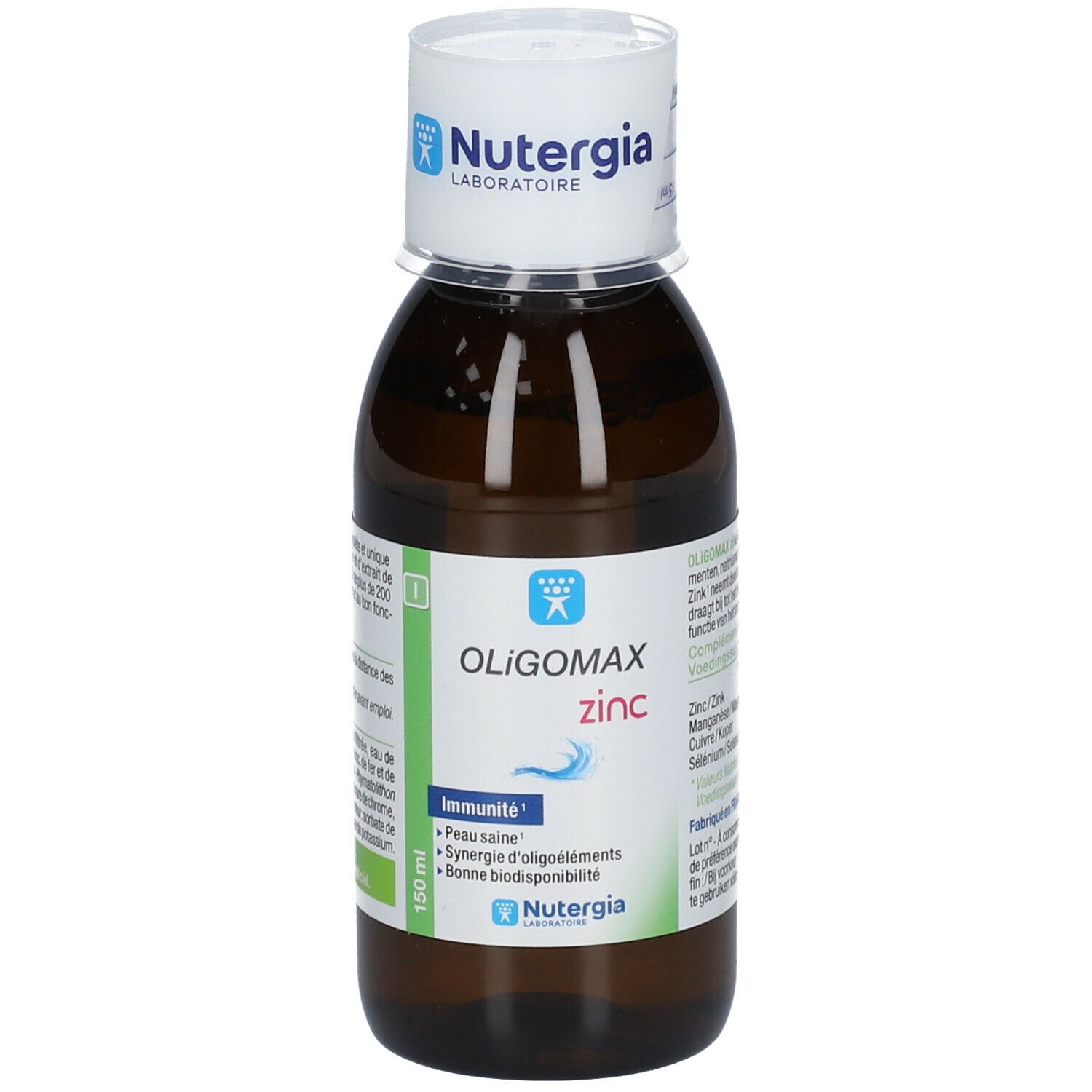 Braune Glasflasche mit weißem Deckel. Auf dem Etikett steht Oligomax Zink. Marke: Nutergia. 150 ml.