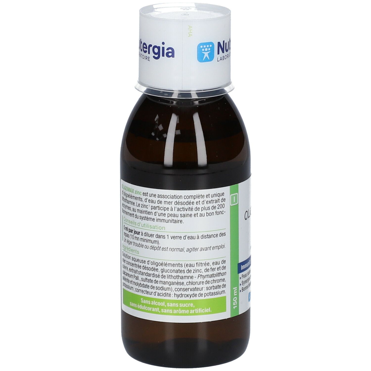 Braune Glasflasche mit weißem Deckel. Auf dem Etikett steht Oligomax Zink. Marke: Nutergia. 150 ml.