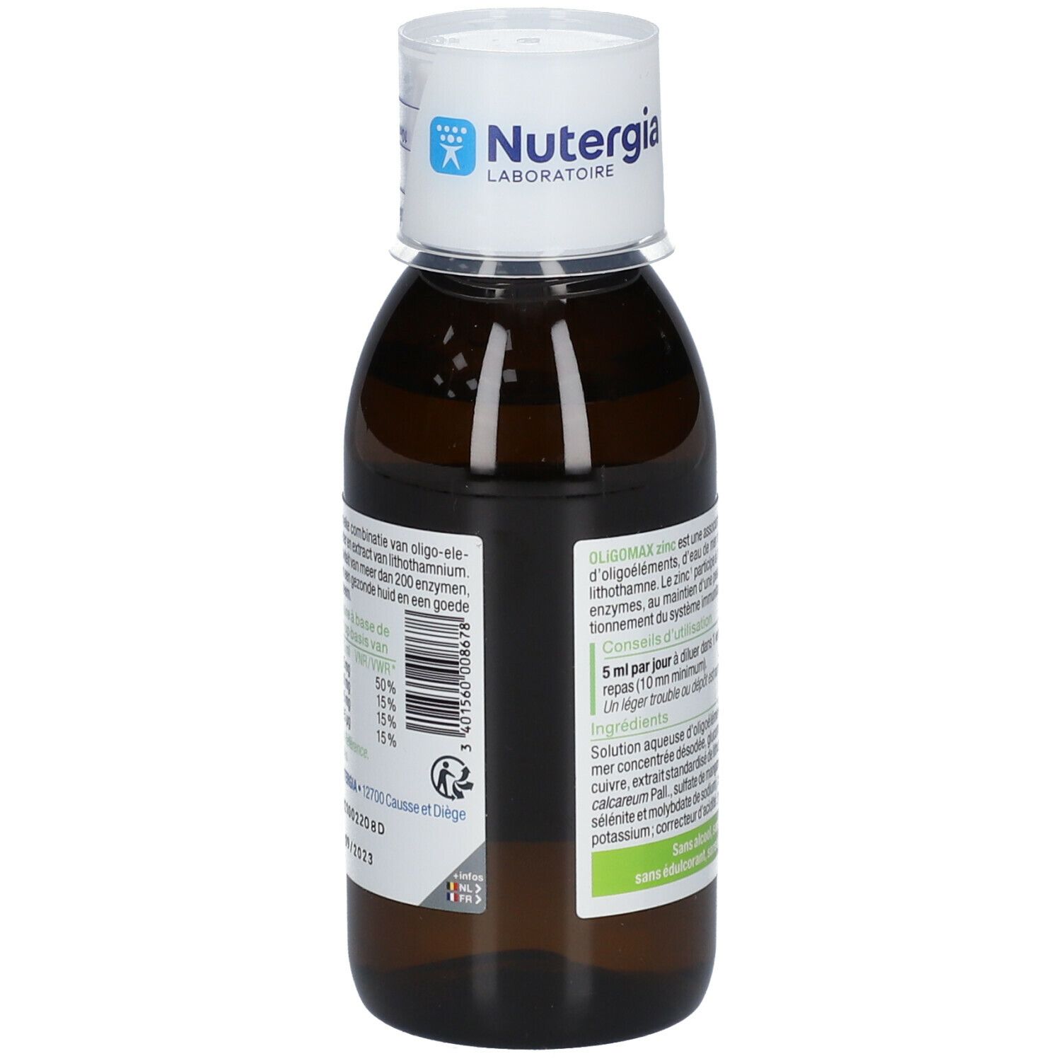 Braune Glasflasche mit weißem Deckel. Auf dem Etikett steht Oligomax Zink. Marke: Nutergia. 150 ml.