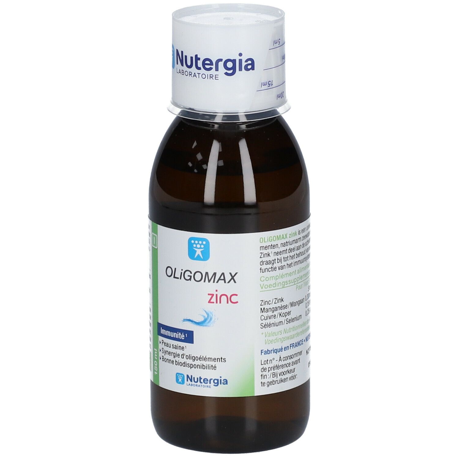 Braune Glasflasche mit weißem Deckel. Auf dem Etikett steht Oligomax Zink. Marke: Nutergia. 150 ml.