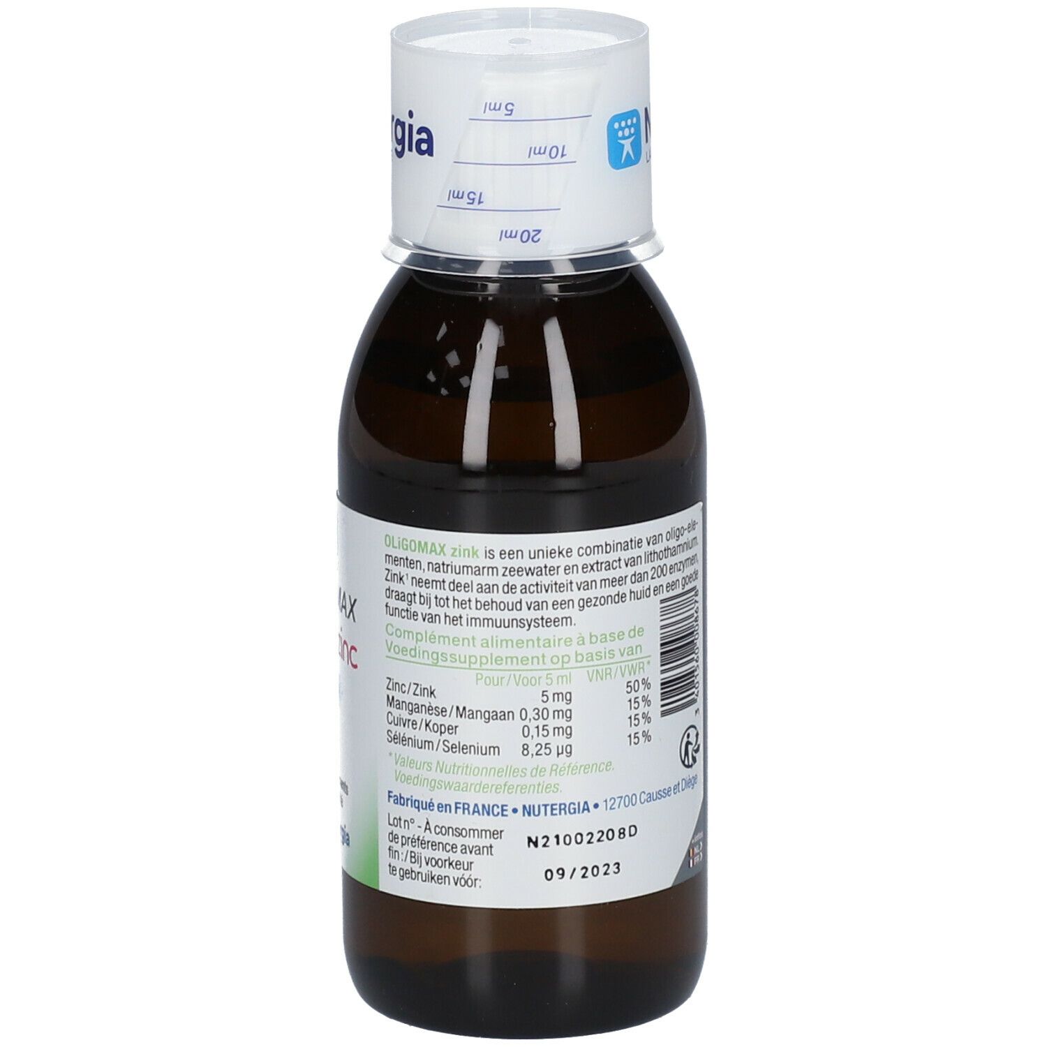 Braune Glasflasche mit weißem Deckel. Auf dem Etikett steht Oligomax Zink. Marke: Nutergia. 150 ml.