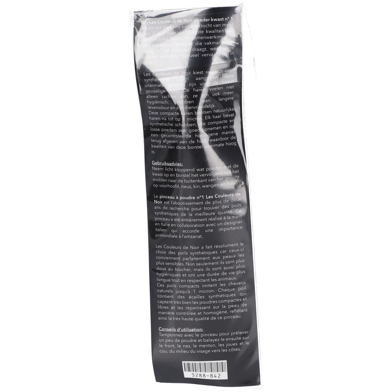 Rückseite der Puderpinsel-Verpackung. Text: Les Couleurs de Noir, Pinceau Poudre N°1. Beschreibung des Produkts und Anwendungshinweise.