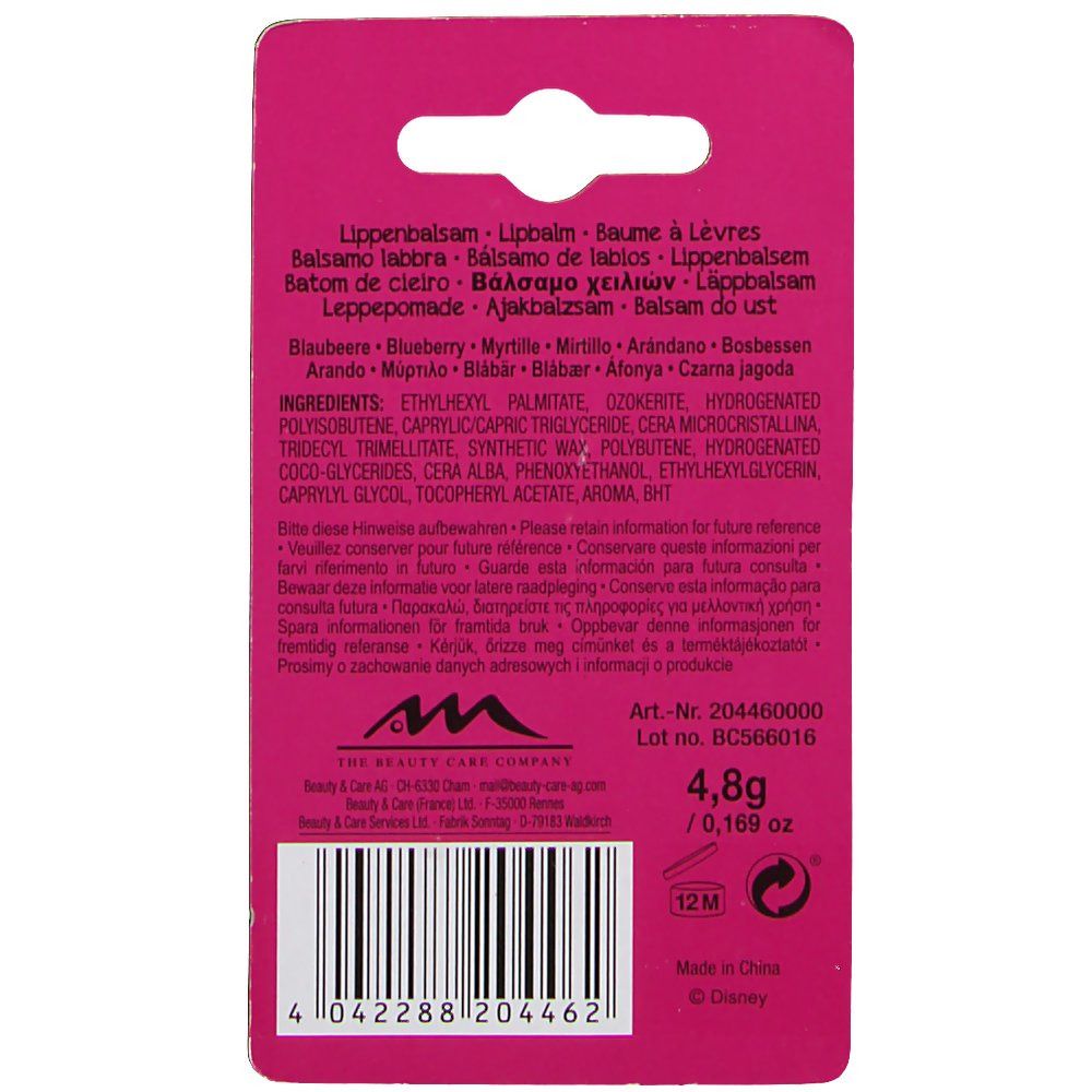 Lippenbalsam-Verpackung. Pinkfarbener Karton mit Produktinformationen und Inhaltsstoffen. Enthält 4,8g.