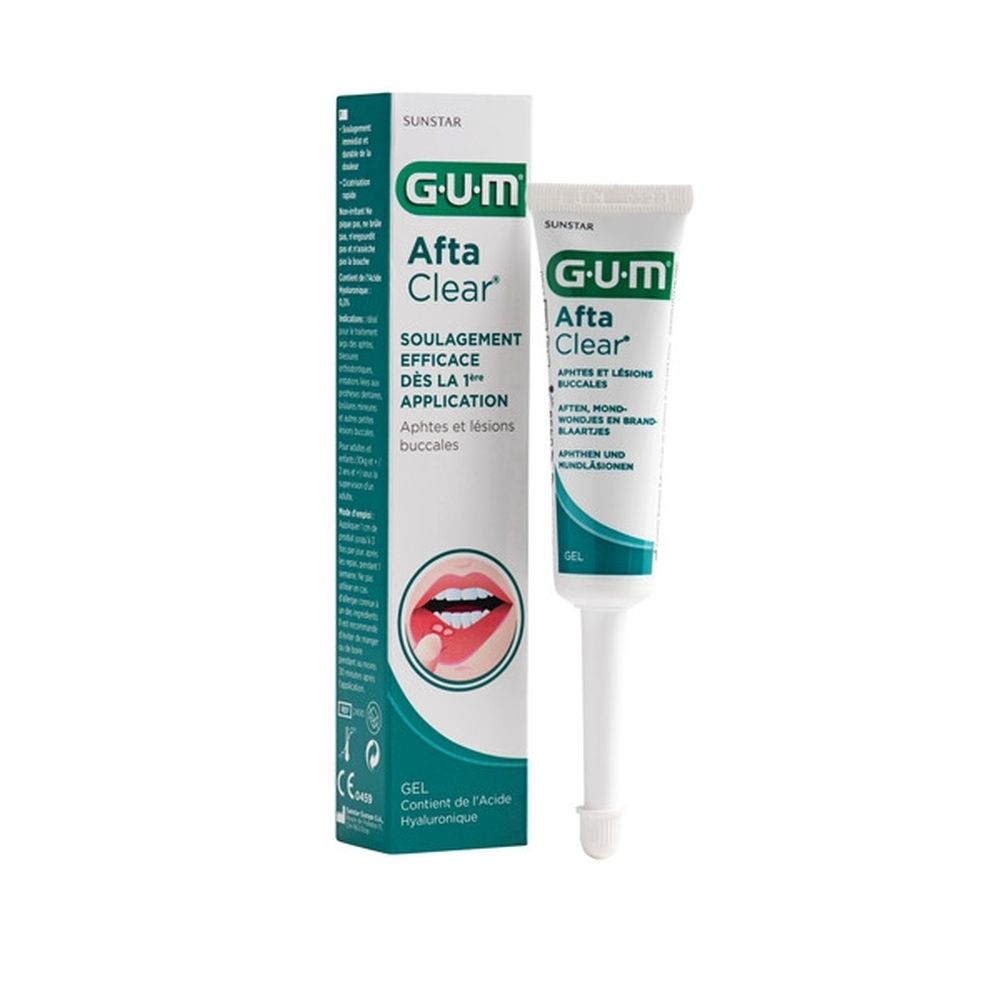 G-U-M Afta Clear gel et emballage. Tube et boîte. Nom et description du produit. Illustration de bouche.