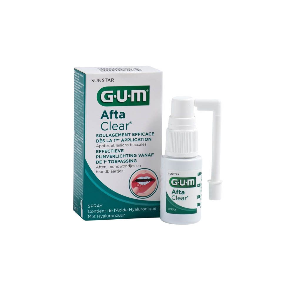 Spray G.U.M Afta Clear et emballage. Spray blanc avec applicateur. Emballage avec nom et texte du produit.