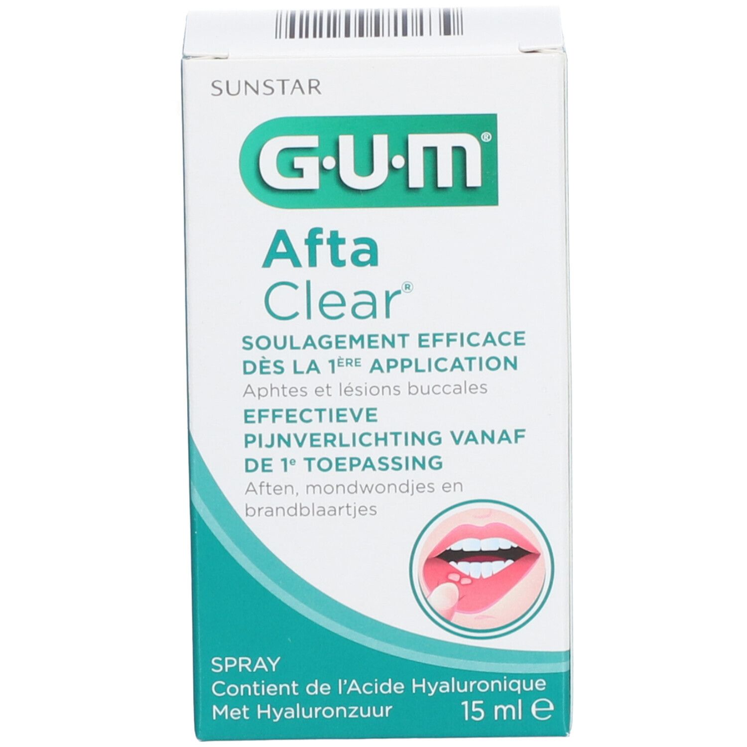 G.U.M Afta Clear Spray. Weiße Verpackung mit Produktnamen und Text. 15 ml.