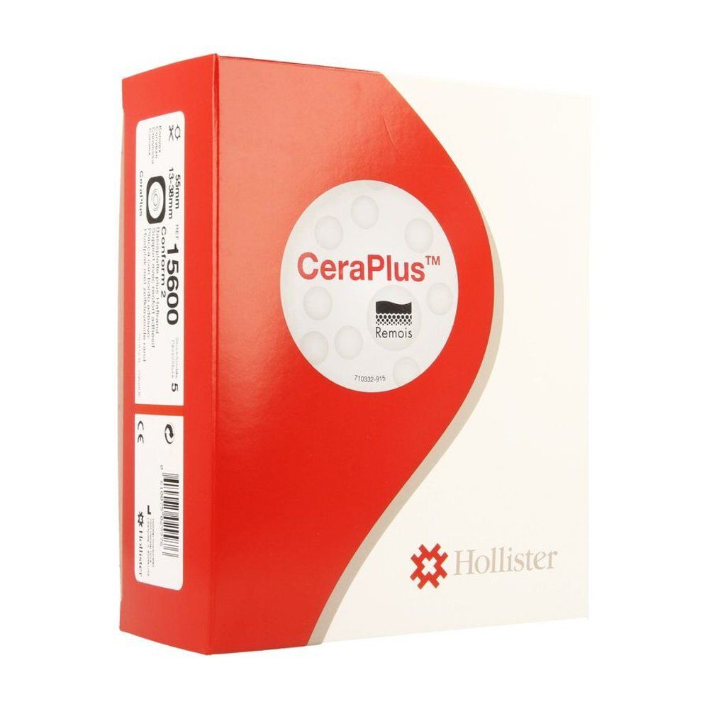 Boîte Hollister Basisplatte Ref. 15600. Rouge et blanc, avec nom CeraPlus et logo Hollister. Référence 15600 visible.