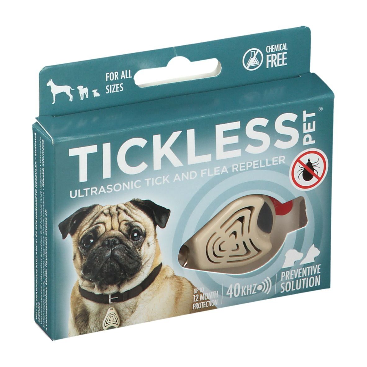 Verpackung für TICKLESS PET® Ultraschall-Zecken- und Flohabwehrgerät.