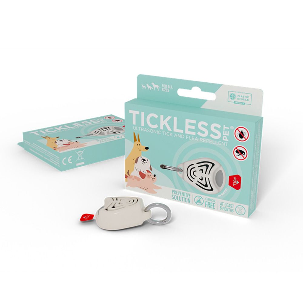 Verpackung für TICKLESS PET® Ultraschall-Zecken- und Flohabwehrgerät, präventive Lösung.