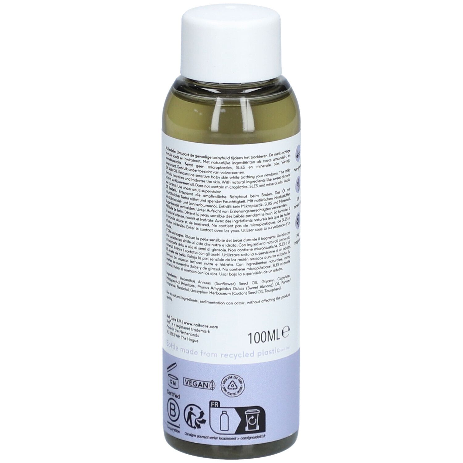 NAÏF Baby Milchiges Huile de Bain. Flasche mit weißem Deckel. Rückseite mit Text und Logos. 100ml. Vegan.