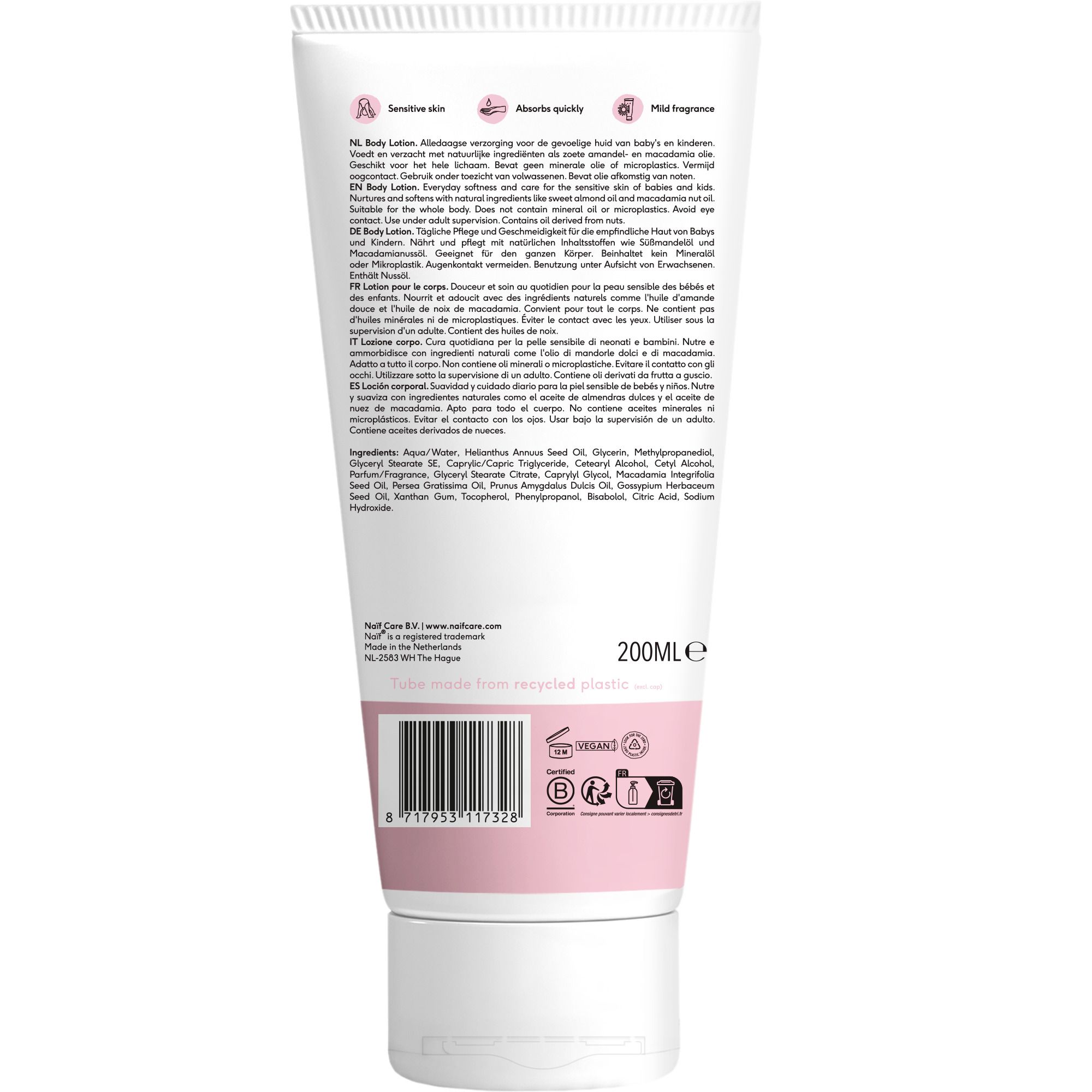 Dos du tube. Texte en plusieurs langues. Ingrédients. Logo Vegan. 200ml.