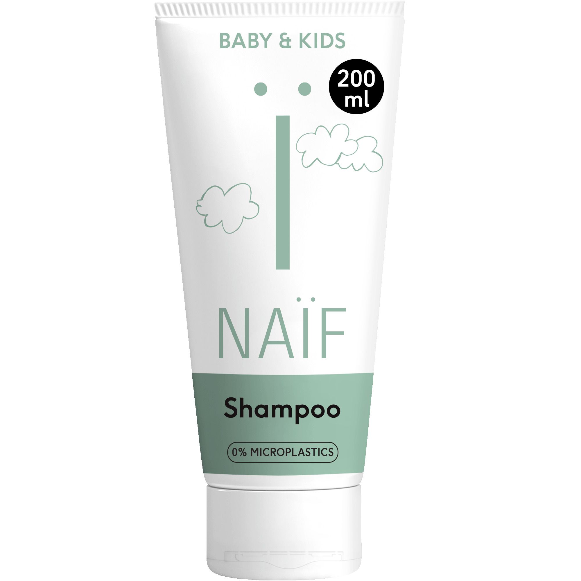 Tube blanc avec étiquette verte. Texte: BABY & KIDS, NAÏF, Nourishing Shampoo. 6.7 FL.OZ/200ml.
