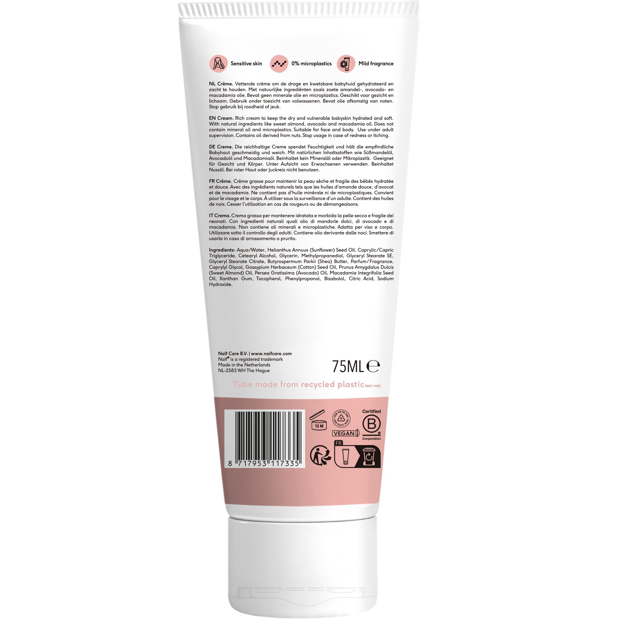 Dos du tube avec texte. Contient des informations sur les ingrédients et la marque.