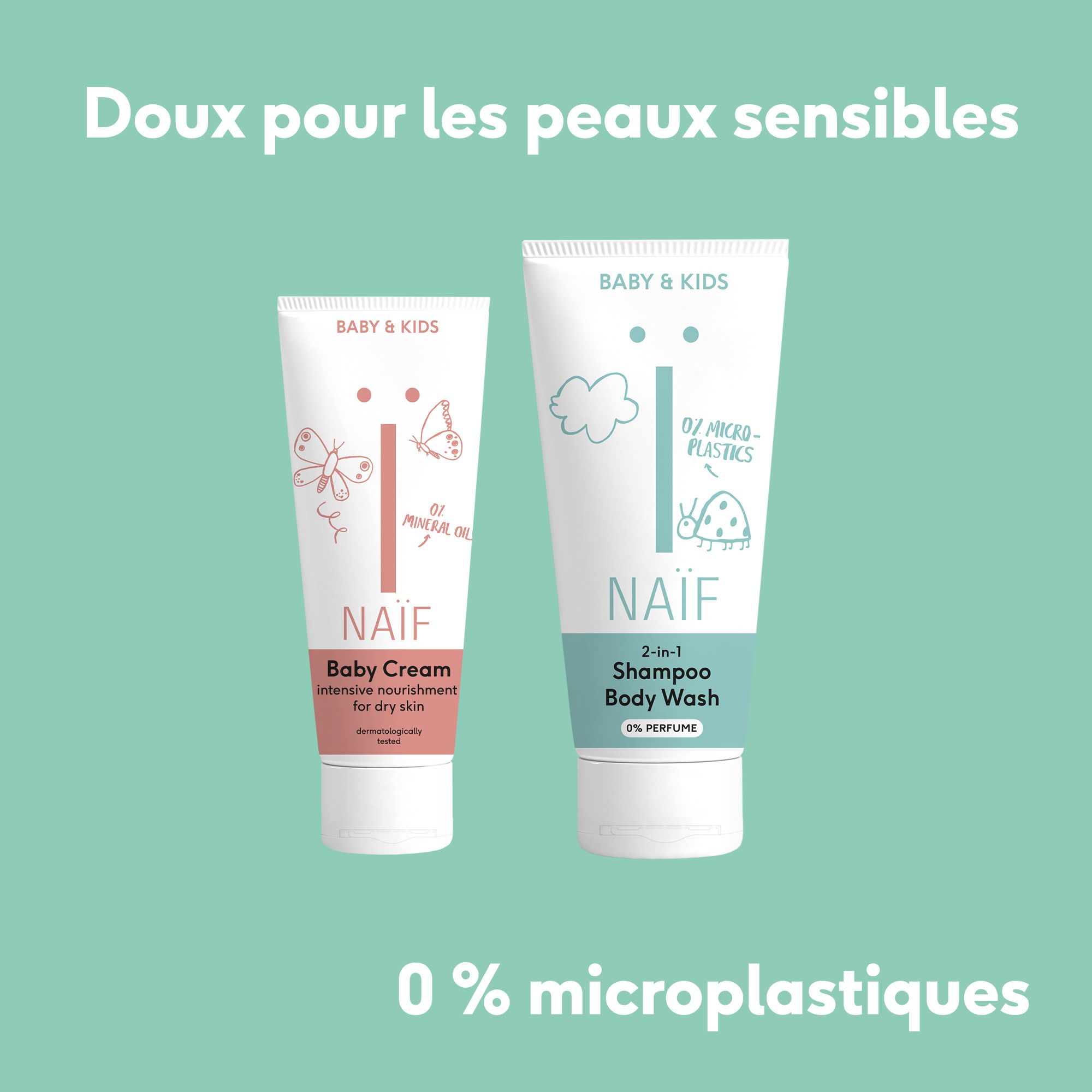 Côté de l'emballage NAÏF® Baby & Kids Crème. Texte.