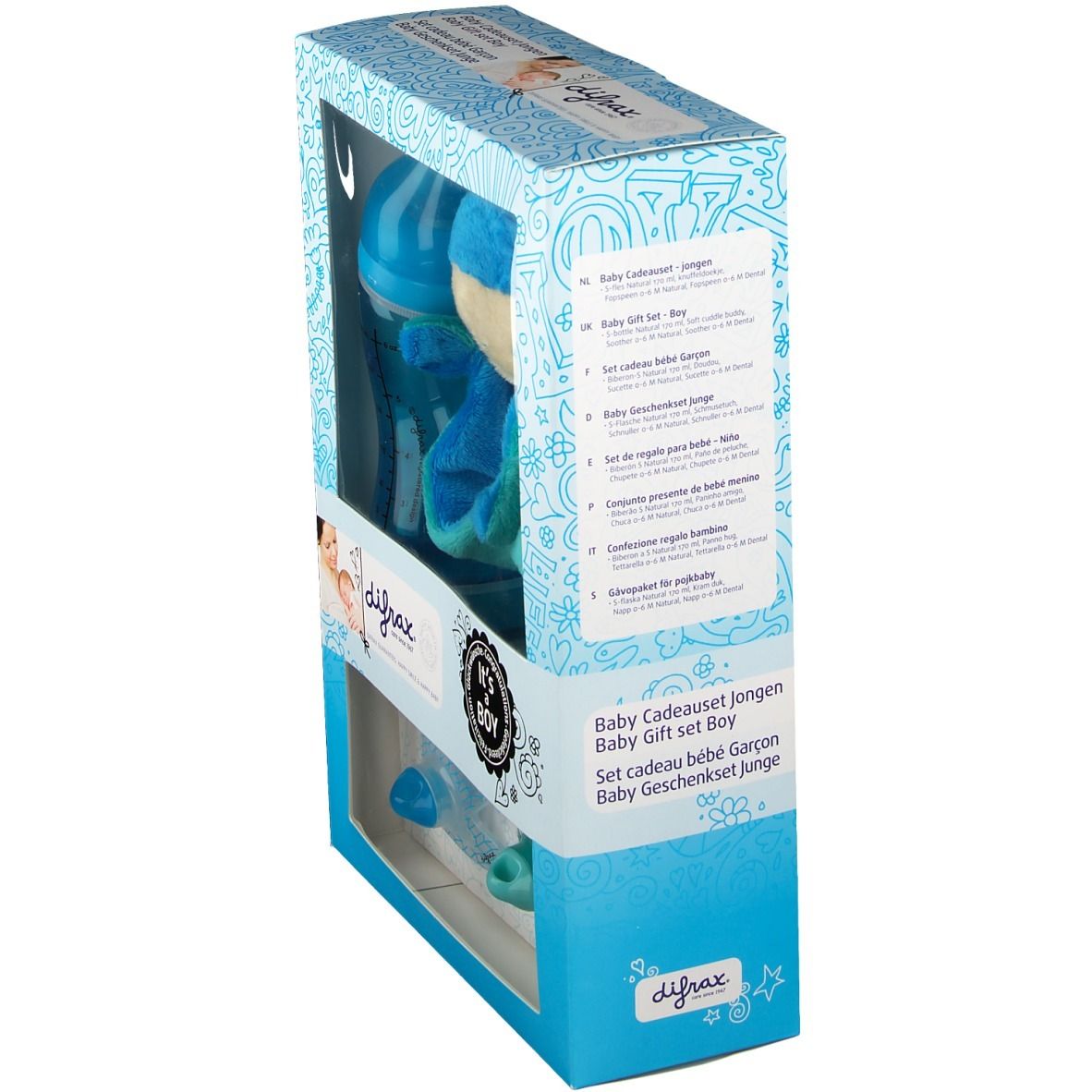 Geschenkbox, seitliche Ansicht. Enthält Flasche, Stofftier und Schnuller. Marke: Difrax. Text: Baby Cadeauset Jongen.