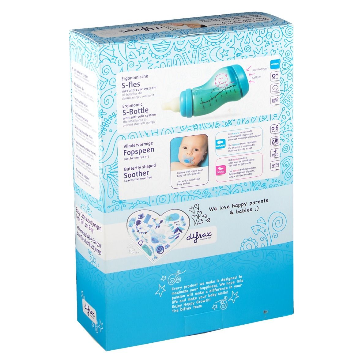 Rückseite der Geschenkbox. Zeigt Flasche, Schnuller und Informationen. Marke: Difrax. Text: Ergonomische S-Fles.