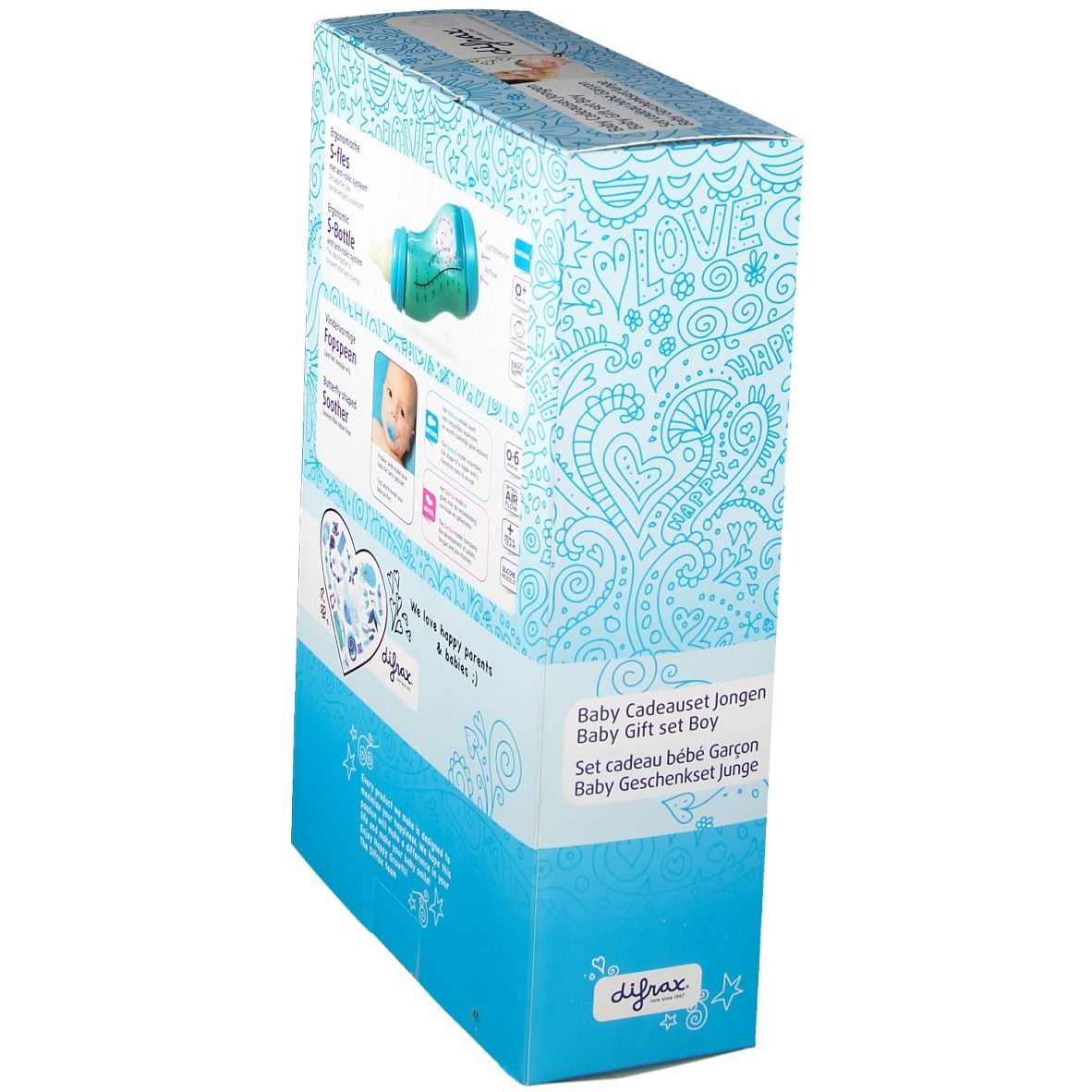 Geschenkbox, schräge Rückansicht. Zeigt Flasche, Schnuller und Informationen. Marke: Difrax. Text: Baby Cadeauset Jongen.
