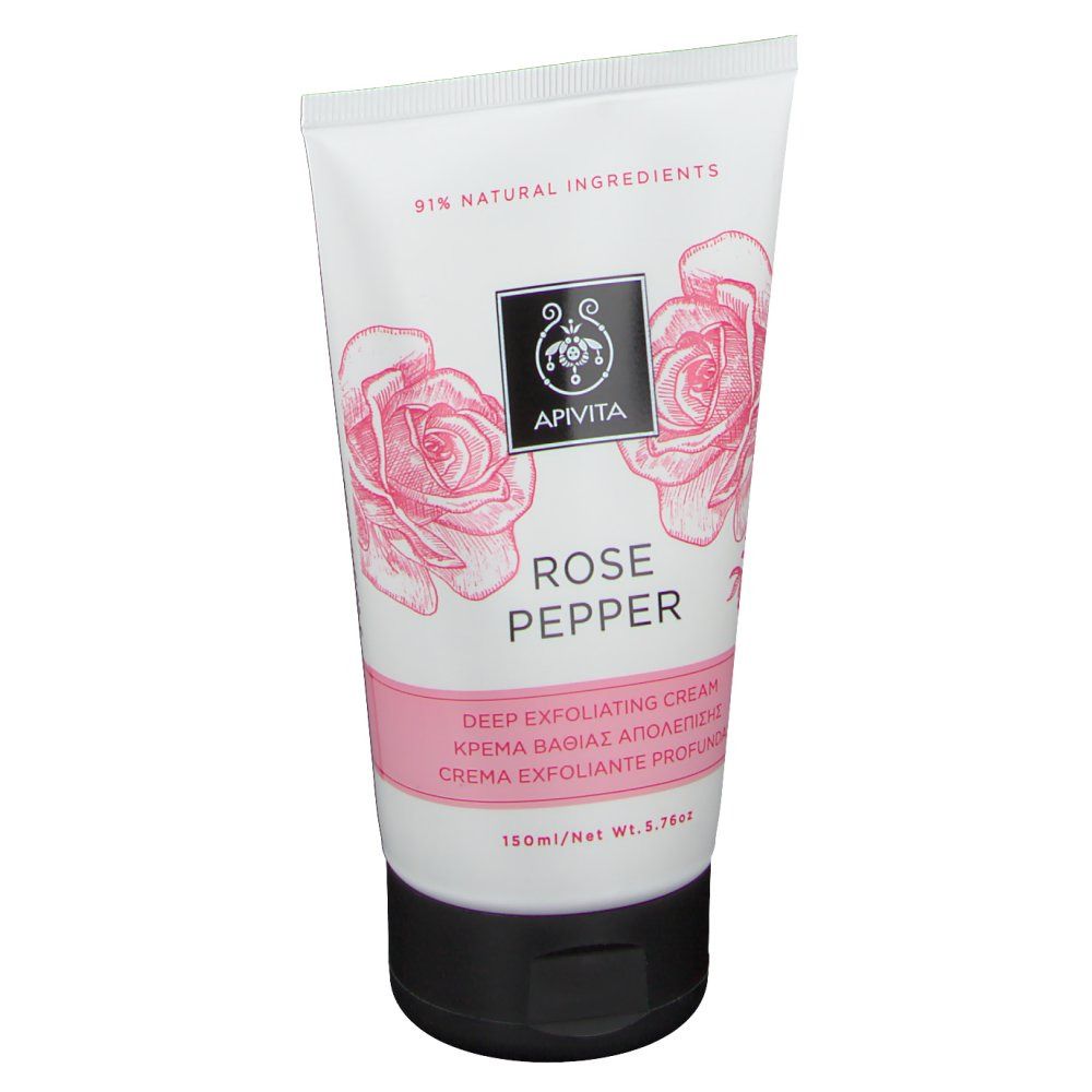 Weiße Tube mit schwarzem Deckel. Aufschrift: Apivita, Rose Pepper. 91% natürliche Inhaltsstoffe.
