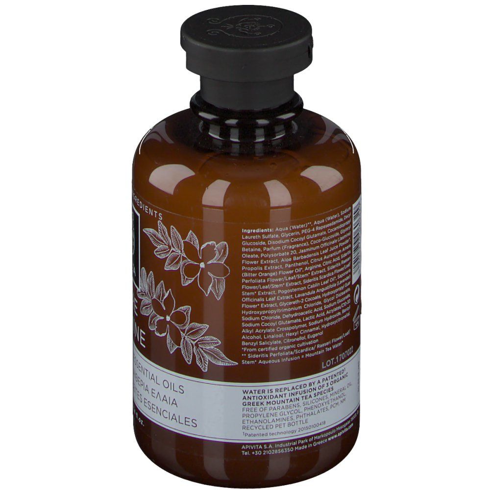 Braune Flasche mit schwarzem Deckel. Etikett mit floralem Muster und Text. Rückseite mit Inhaltsstoffen und Text.