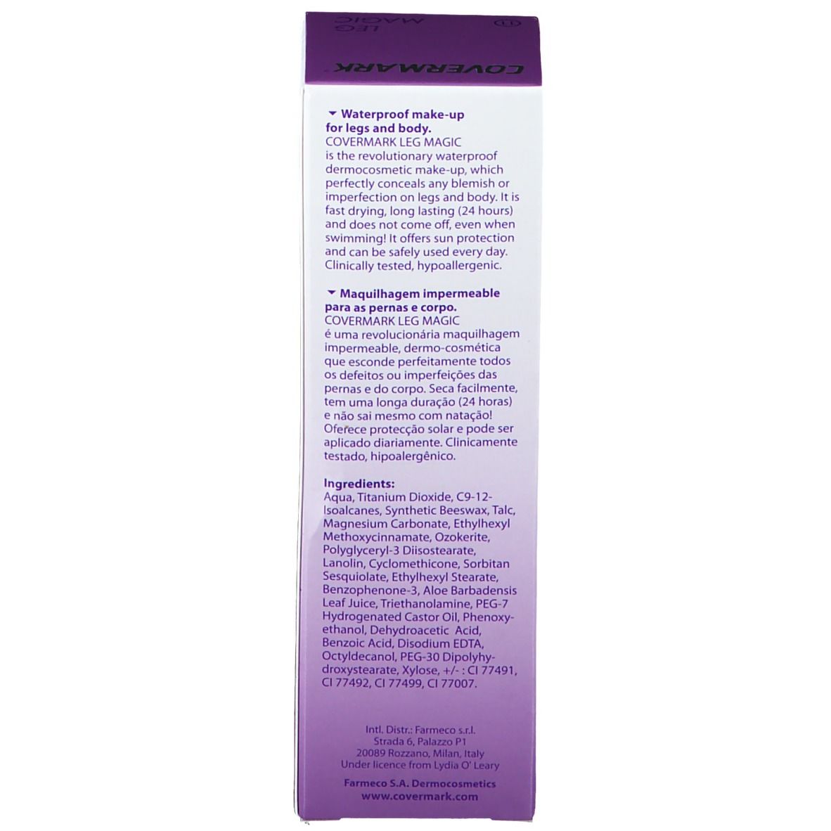 Covermark Leg Magic Verpackung. Text in mehreren Sprachen. Beschreibung des Produkts und Inhaltsstoffe.