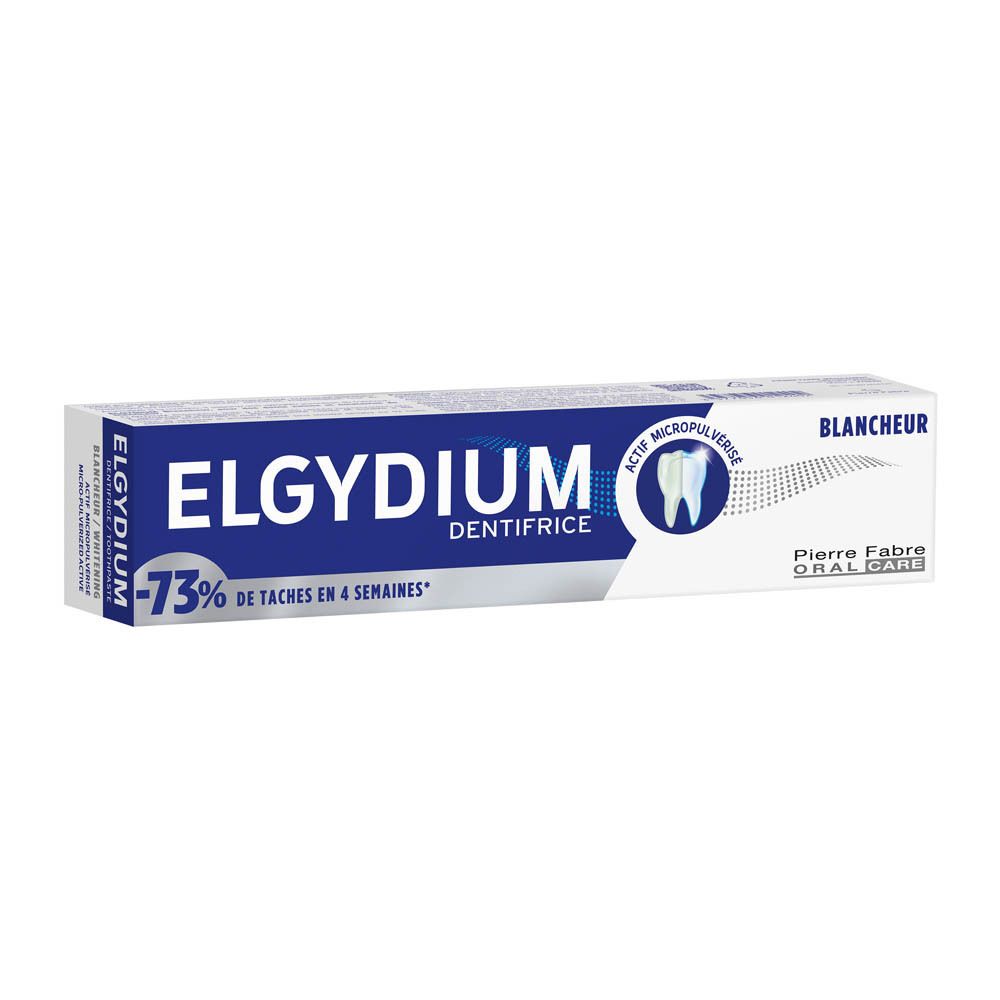 Boîte de dentifrice ELGYDIUM, blanc et bleu. 73% de taches en moins en 4 semaines.
