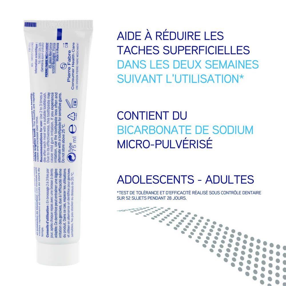 Tube de dentifrice blanc. Dos avec texte. Contient du bicarbonate de sodium. Adolescents et adultes.