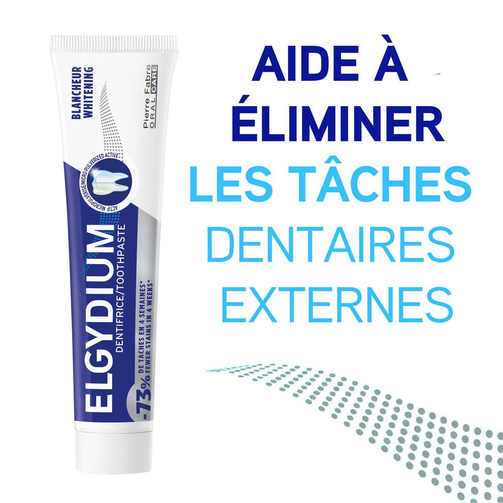 Tube de dentifrice ELGYDIUM, blanc et bleu. Aide à éliminer les taches dentaires externes.
