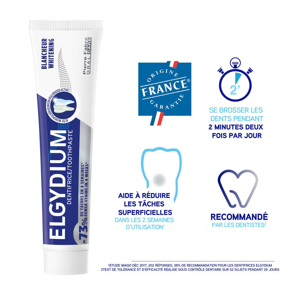 Tube de dentifrice ELGYDIUM, blanc et bleu. Avec logos et texte.