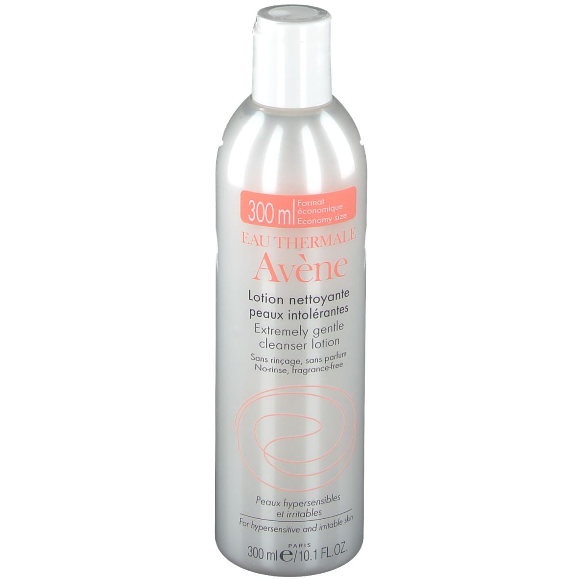 Graue Flasche mit weißem Deckel. Aufschrift: Eau Thermale Avène, Reinigungslotion, 300 ml. Für hypersensible Haut.