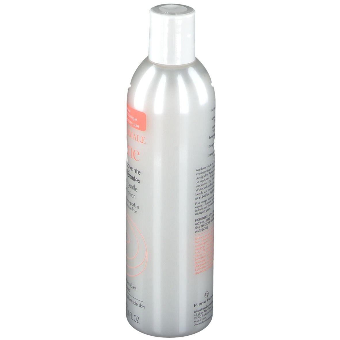 Graue Flasche mit weißem Deckel. Auf der Seite Text, darunter Inhaltsstoffe und Herstellerinformationen.
