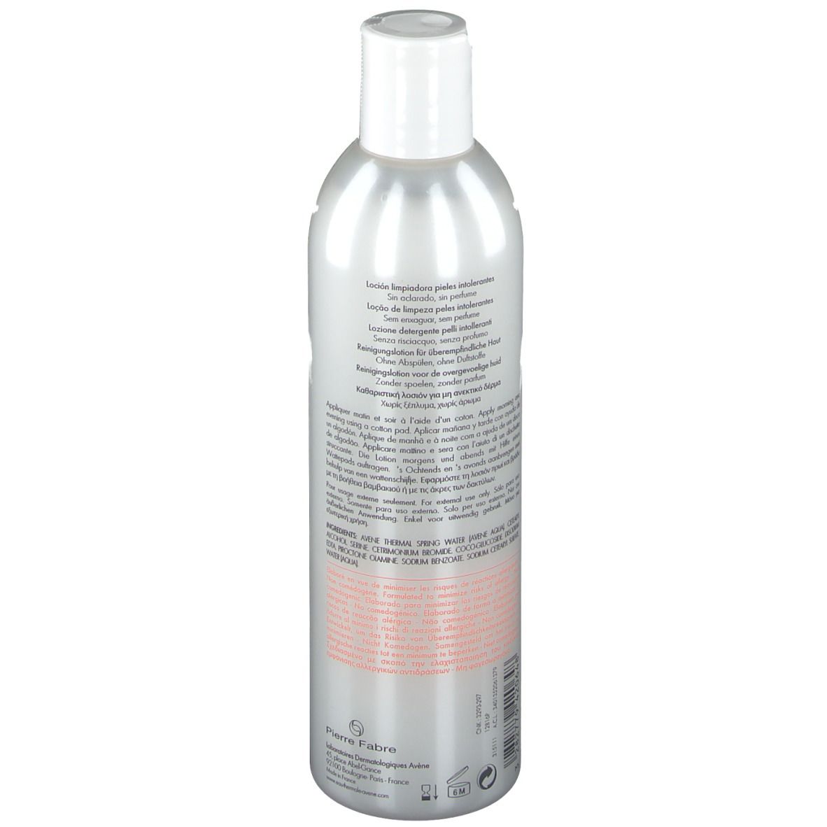 Graue Flasche mit weißem Deckel. Rückseite mit Text, darunter Inhaltsstoffe und Herstellerinformationen.
