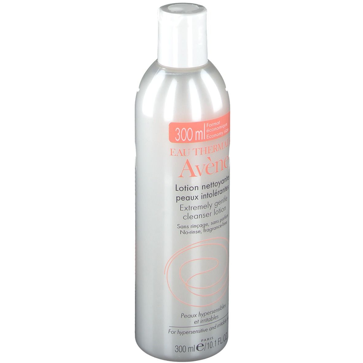Graue Flasche mit weißem Deckel. Aufschrift: Eau Thermale Avène, Reinigungslotion, 300 ml. Für hypersensible Haut.