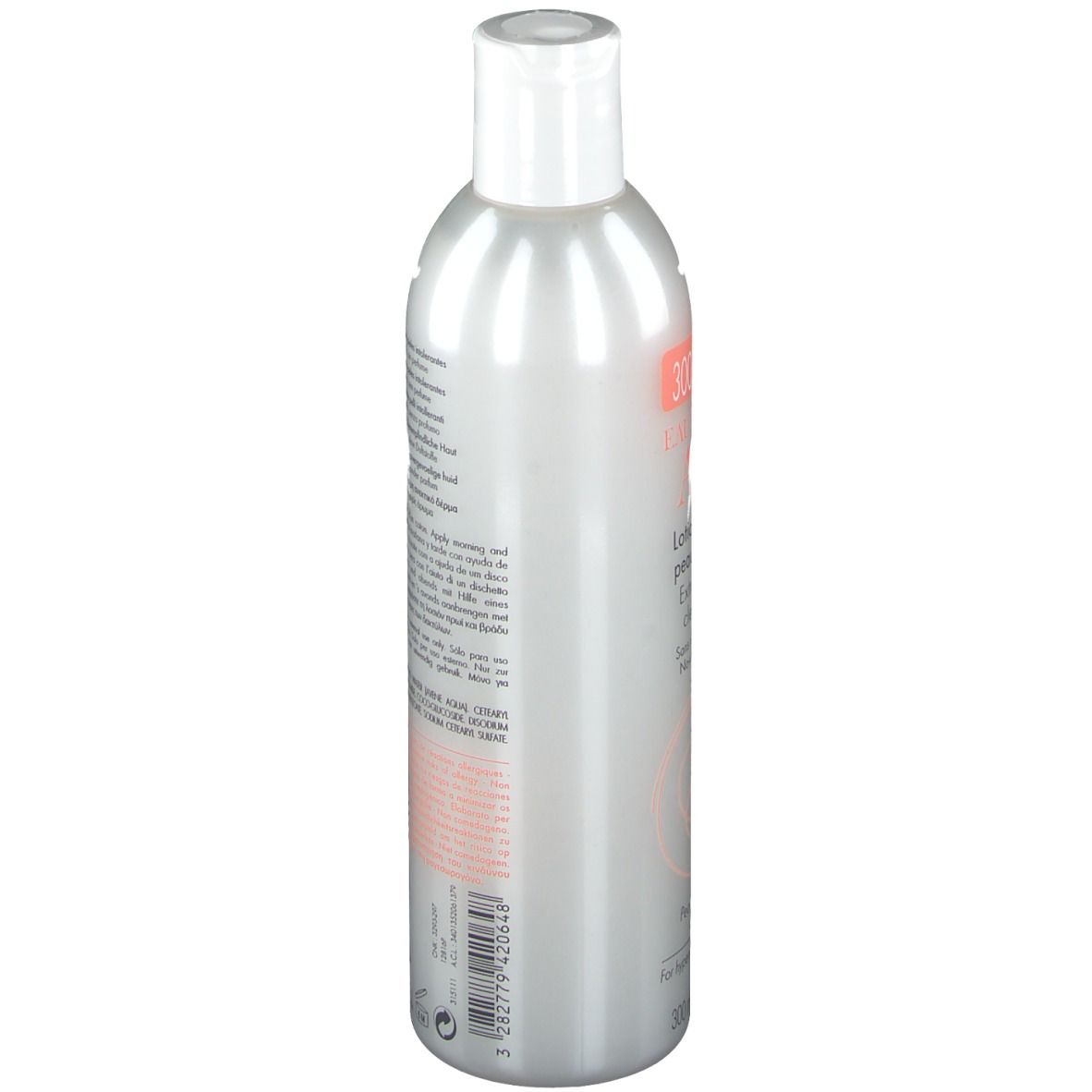 Graue Flasche mit weißem Deckel. Auf der Seite Text, darunter Inhaltsstoffe und Herstellerinformationen.