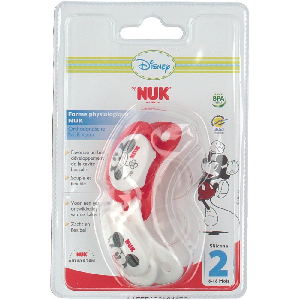 NUK Schnuller in Verpackung. Rot-weiß, mit Mickey Mouse Motiv. BPA-frei. Für 6-18 Monate.