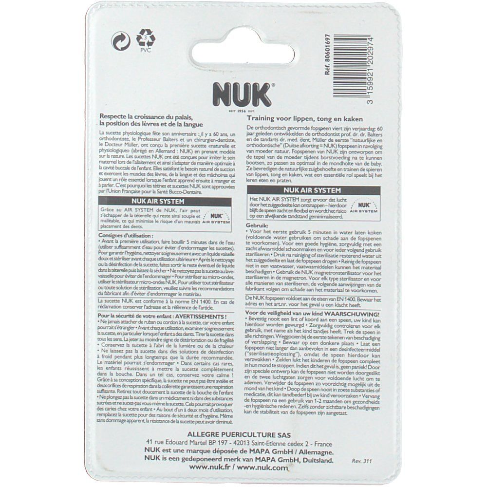 Rückseite der NUK Schnuller-Verpackung. Text in mehreren Sprachen. Informationen zur Verwendung und Sicherheit.