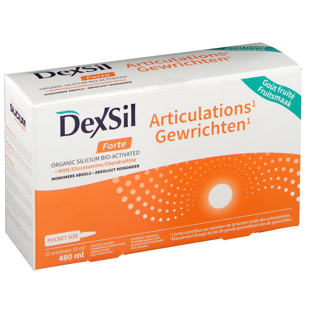 Boîte DexSil Forte. Blanc, orange et vert. Texte: DexSil Forte, Articulations Gewrichten, Pocket Size.