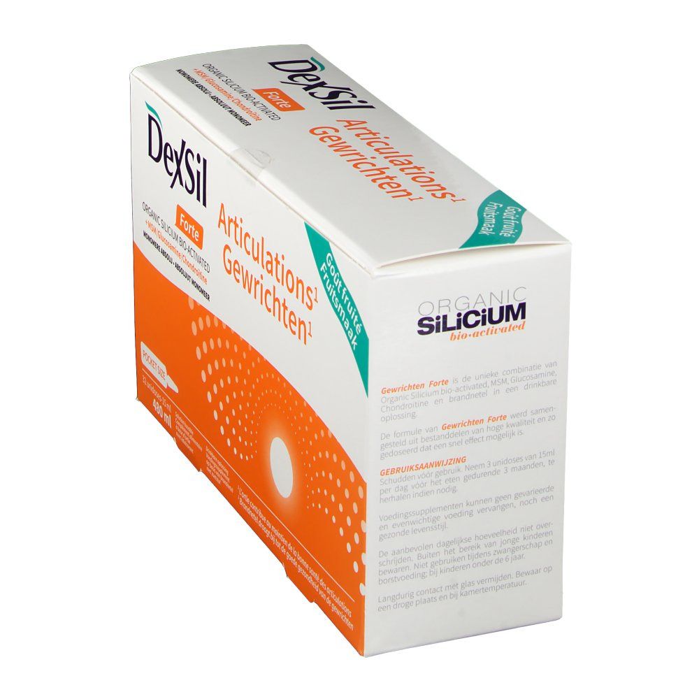 Boîte DexSil Forte en biais. Blanc, orange et vert. Texte: DexSil Forte, Articulations Gewrichten.