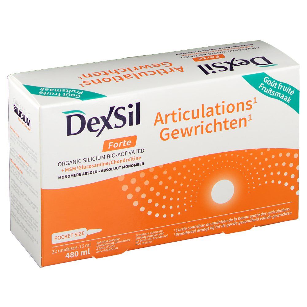 Boîte DexSil Forte. Blanc, orange et vert. Texte: DexSil Forte, Articulations Gewrichten, Pocket Size.