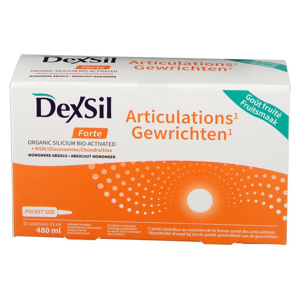 Boîte DexSil Forte. Blanc, orange et vert. Texte: DexSil Forte, Articulations Gewrichten, Pocket Size.