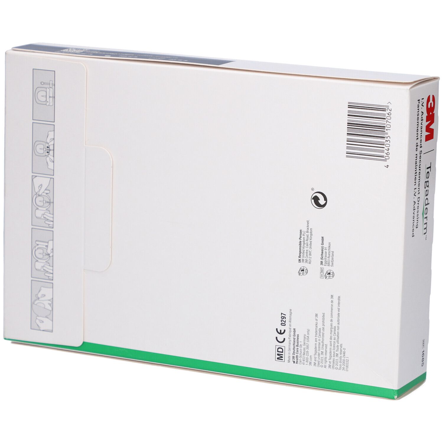 Dos de la boîte 3M Tegaderm™ I.V. Advanced. Avec pictogrammes et informations.