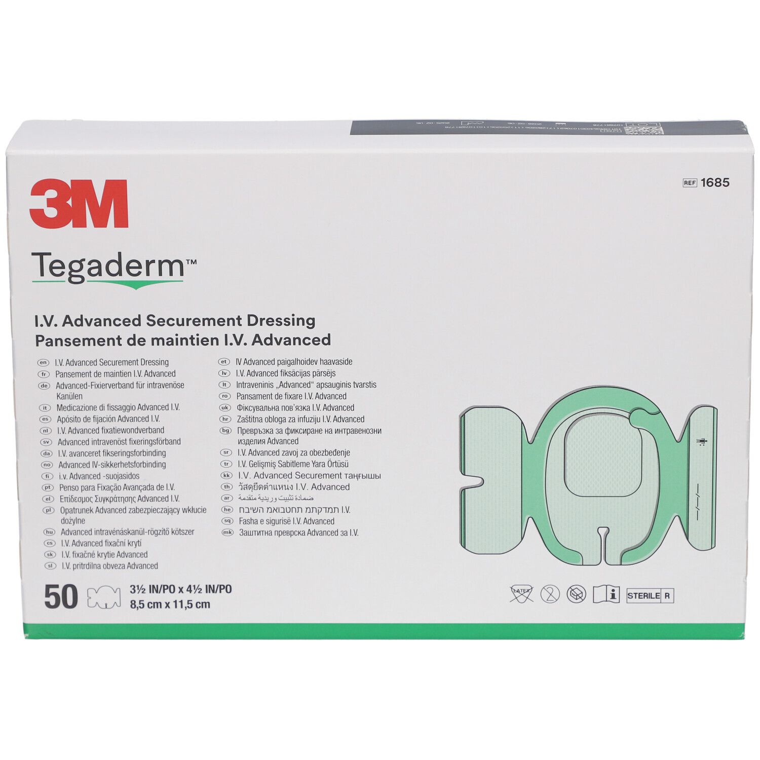 Boîte 3M Tegaderm™ I.V. Advanced. Contient 50 pansements. Dimensions : 8,5 x 11,5 cm, stérile.