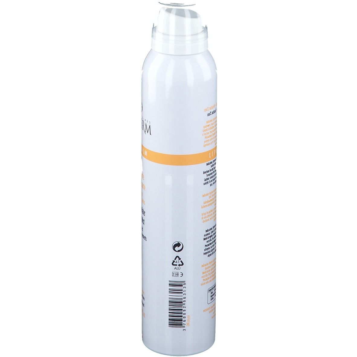 Flacon spray blanc, vue latérale. Informations produit et code-barres visibles. Inscription: SEADERM Lipi-Calm. Pour peaux sensibles.