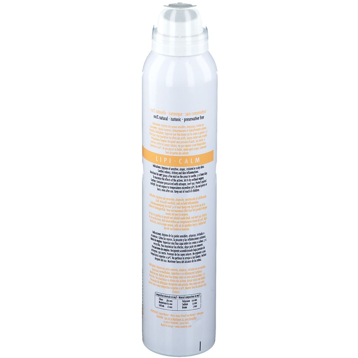 Flacon spray blanc, vue arrière. Informations produit et ingrédients visibles. Inscription: SEADERM Lipi-Calm. Pour peaux sensibles.